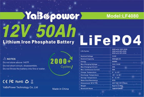12v 50ah Lifepo4 аккумуляторная батарея 2000 глубоких циклов